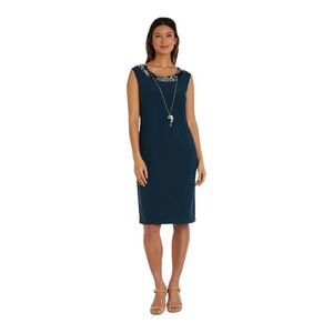 R&M Richards Womens Petite Teal Sleeveless Dress With Necklace 14P NWT NWD